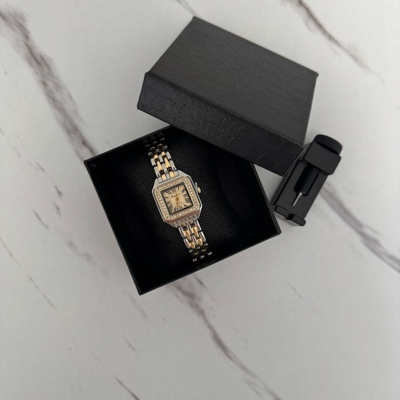 Two-Tone Luxury Square Face Vintage Watch with Crystal Accents - Picture 5 of 5